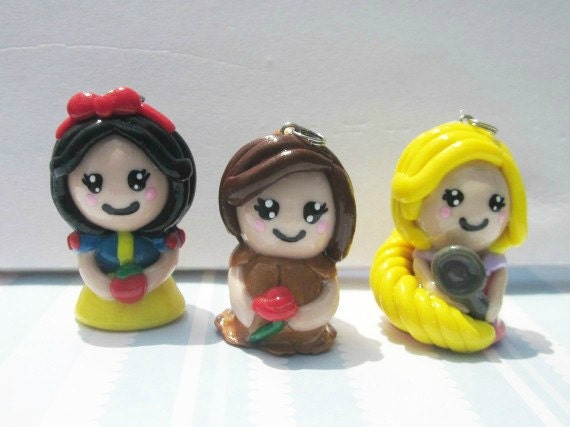 Disney Inspired Princesses Necklaces - Handmade Polymer Clay Charms - Snow White - Belle - Rapunzel - Disney Inspired Charms