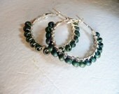 Silver Wire Wrapped Hoops with Deep Green Matte Seed Beads