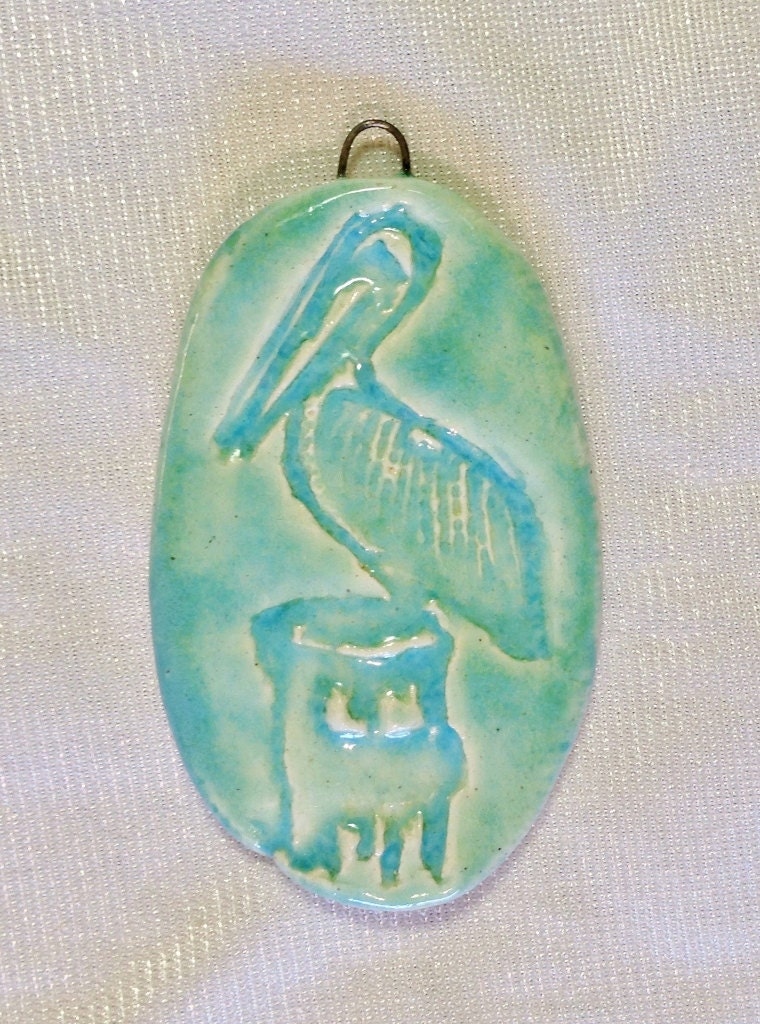 Pearched Pelican Aqua Blue Ceramic Pendant