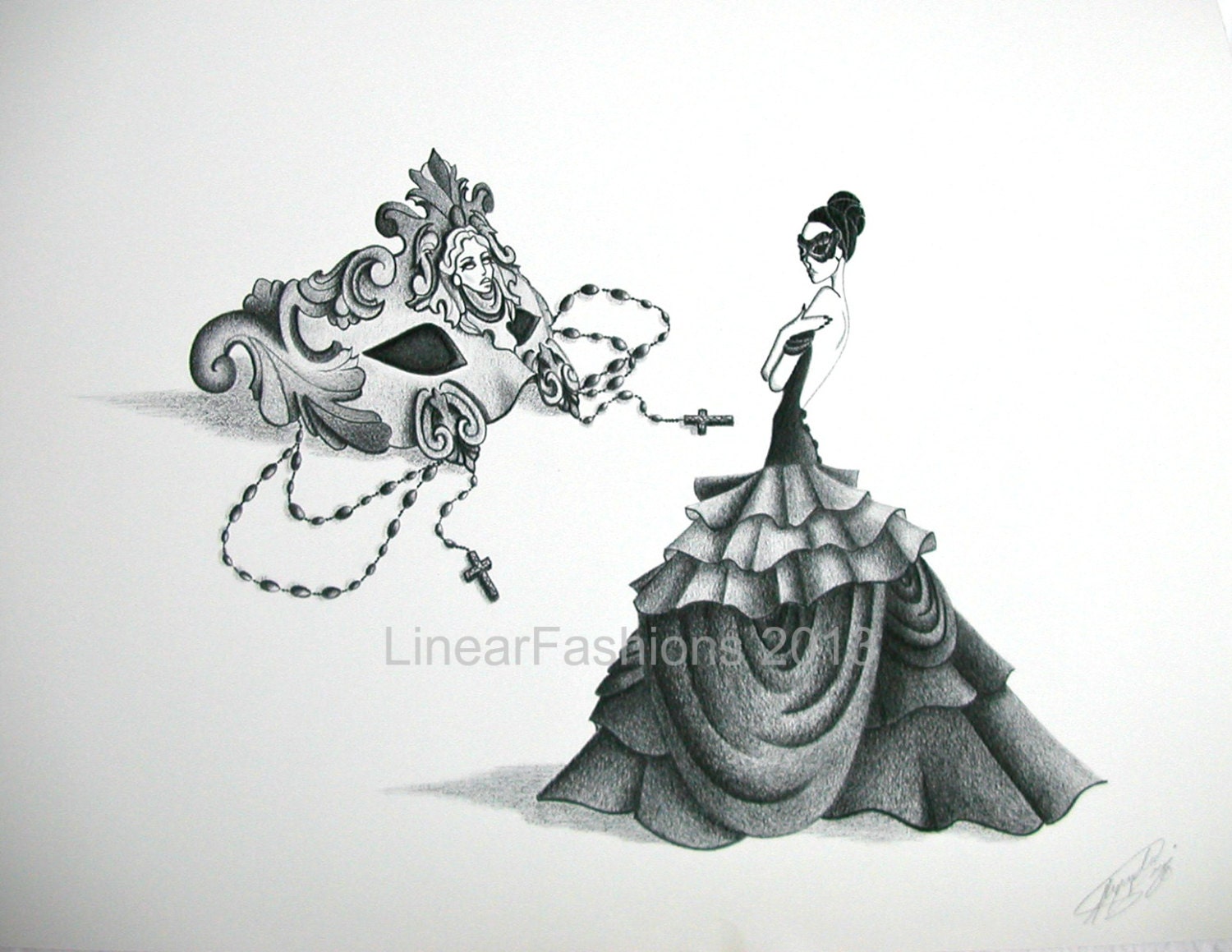 Venetian Mask - fashion art - Giclee print - fashion illustration - ballroom dress - fashion artwork - black and gray art - limited edition
