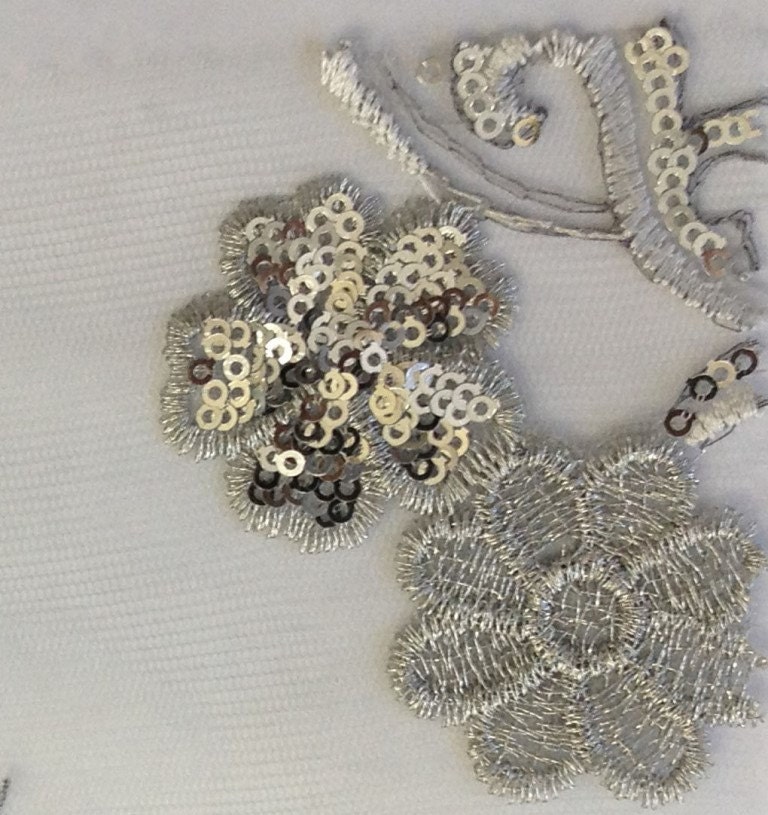 French Lace Silver Embroidered Leaves with Sequin 60 Inch wide by the yard, 1 yard.