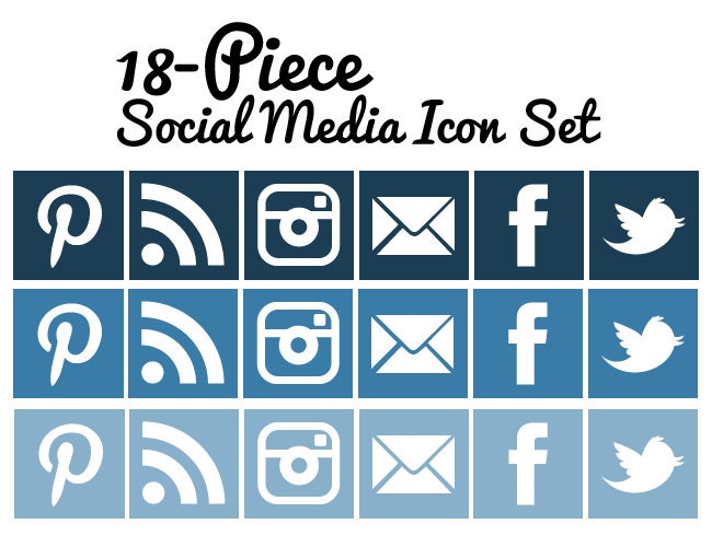 Social Media Icons - Set of 18 - Square with White - Blue