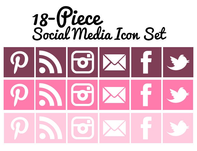 Social Media Icons - Set of 18 - Square with White - Pink