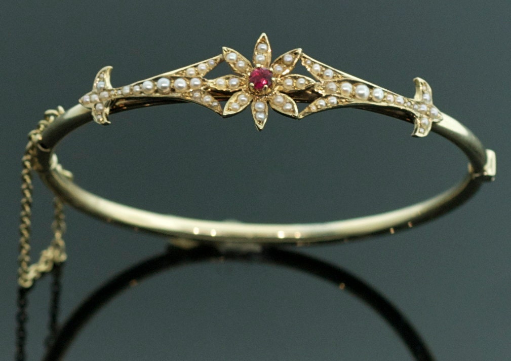 Antique Victorian Ruby and Seed Pearl Bangle