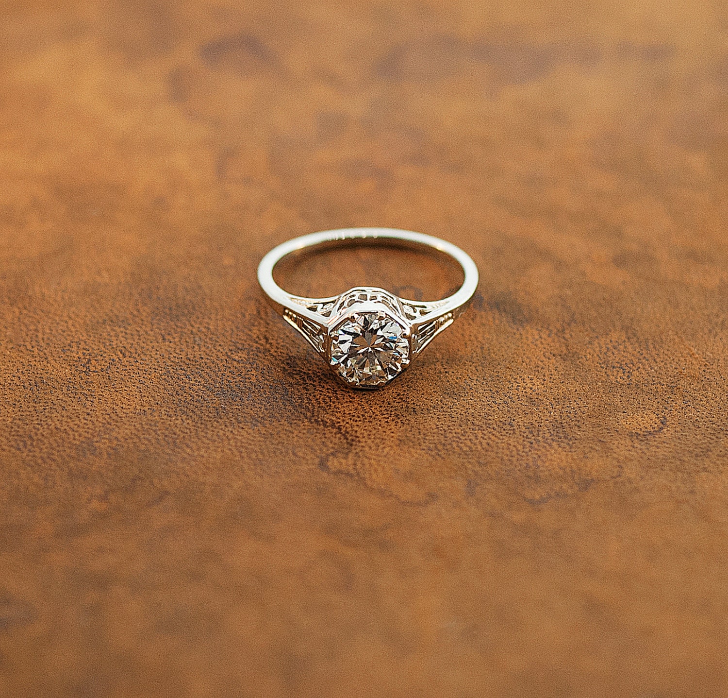 Antique Diamond Filigree Engagement Ring - 18K White Gold