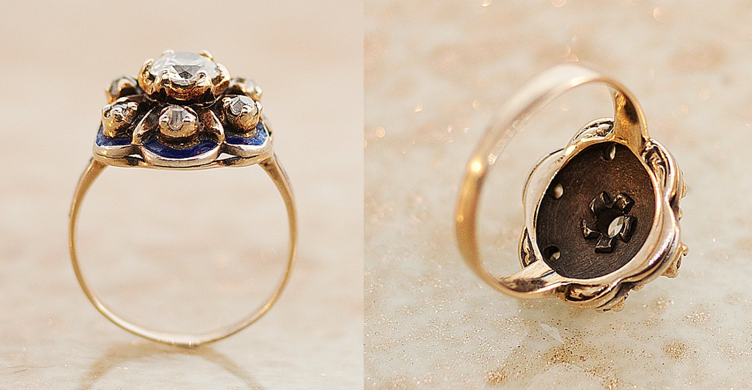 Antique Victorian Jewelry - Rose Gold Ring with Blue Enamel and Diamonds