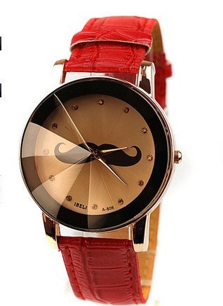 Mustache Watch,Fashion Wrist Watch Red Artificial Leather Watch Retro Style Women's Watch, Everyday Bracelet  PB0152