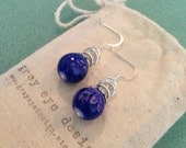 Round Blue Bead Speckled Purple & Pink on Silver Hooks with Silver Plated Stacked Hoops