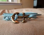 Light Blue Waxed Cotton Cord Wrap Bracelet with large Antique Brass Anchor featuring adjustable slip knot