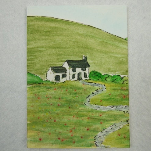 ACEO Welsh Hill Cottage, original watercolour