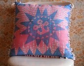 Double sided Hand Screen Printed Cushion in Linen with white Pom Poms