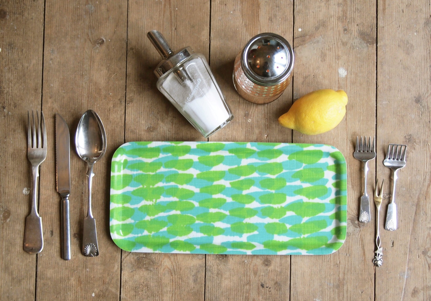 NEW Wooden Serving and Condiment Tray in Green and Blue