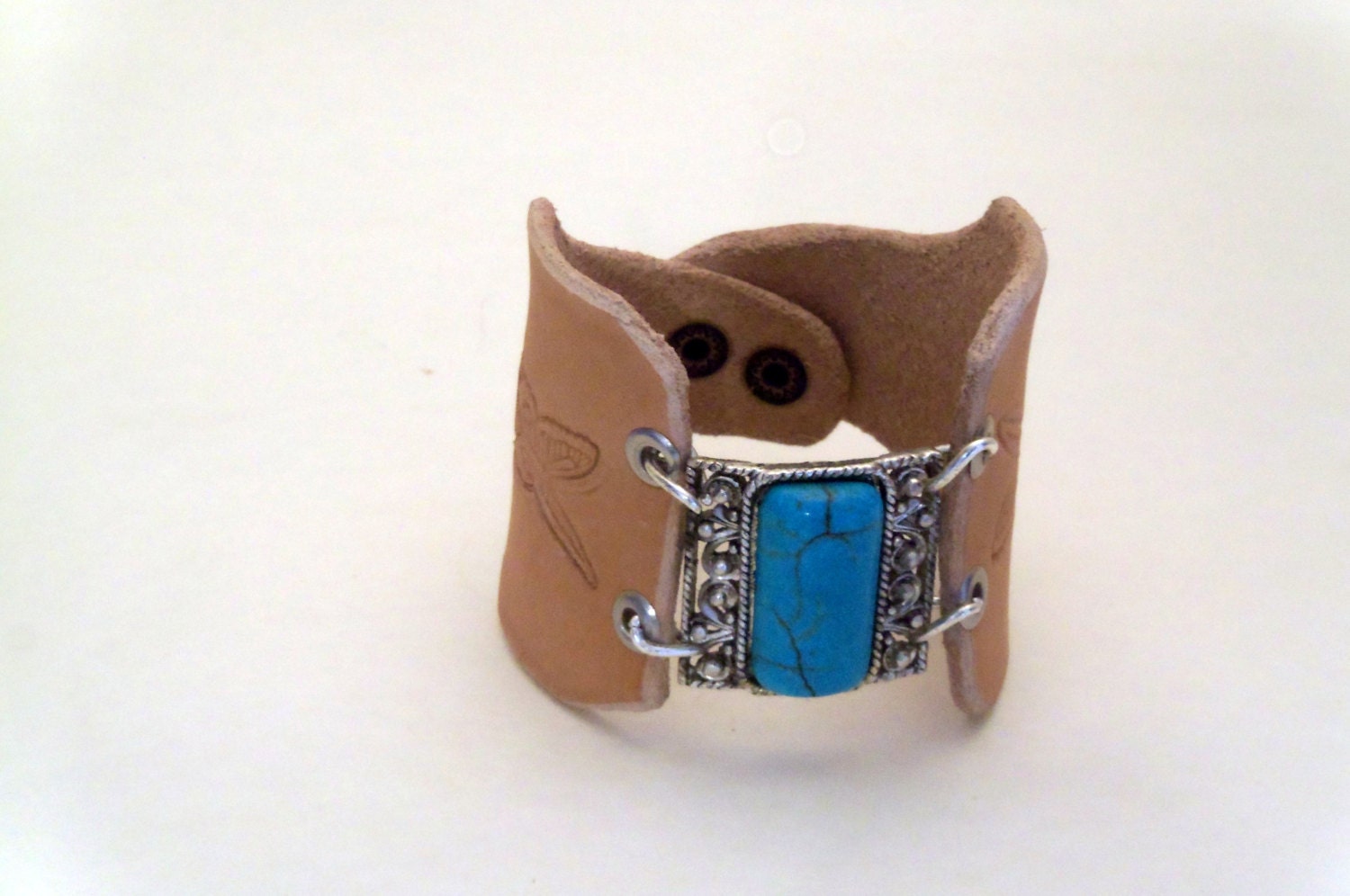 Leather butterfly cuff bracelet with Turquoise Cabochon