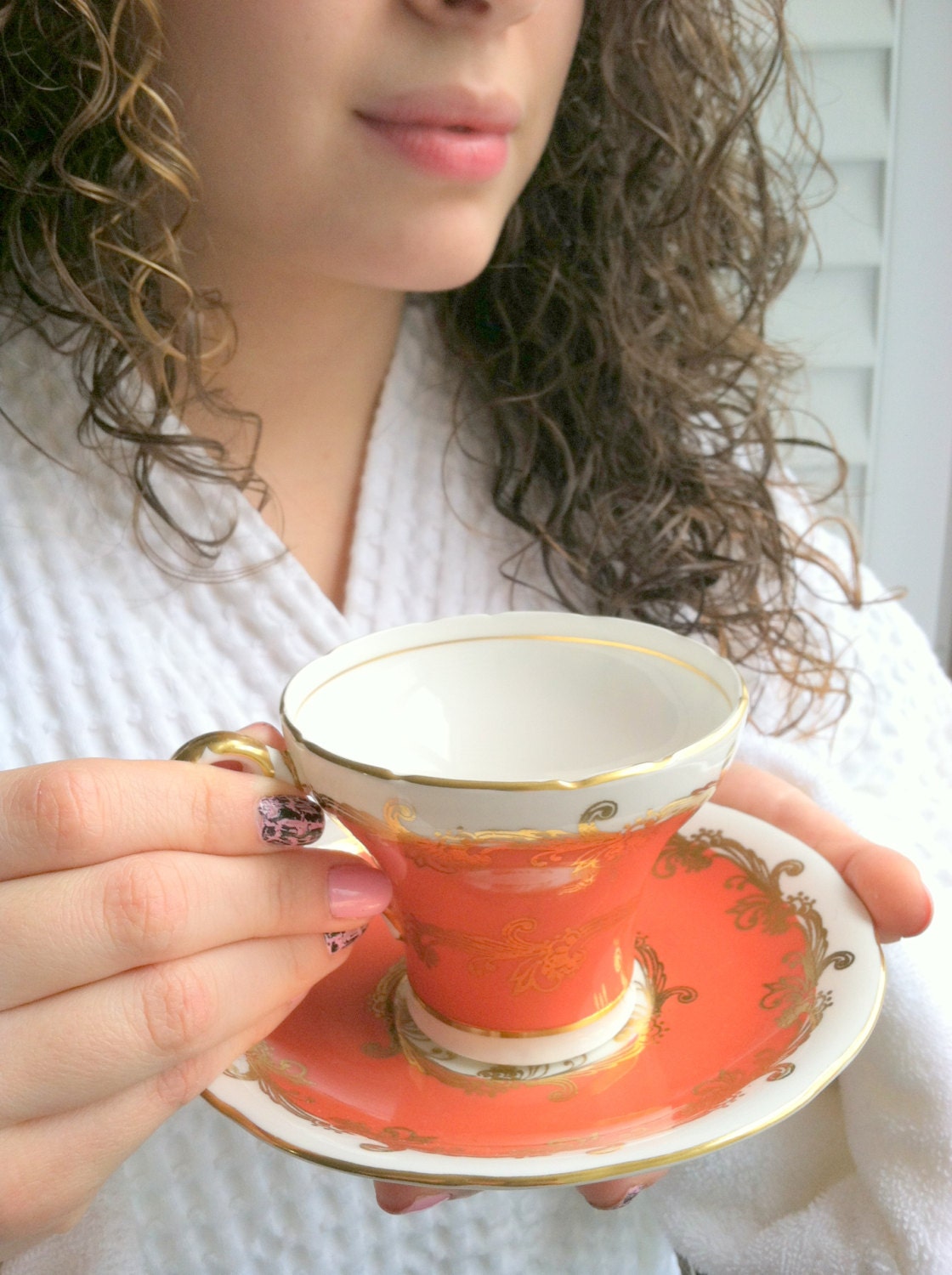 Aynsley Orange & Gold Fleur de Lis Corset Tea Cup and Saucer