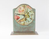 Clock Table / Vintage Style Desk Clock / Brown Mint Green / Bird and Roses