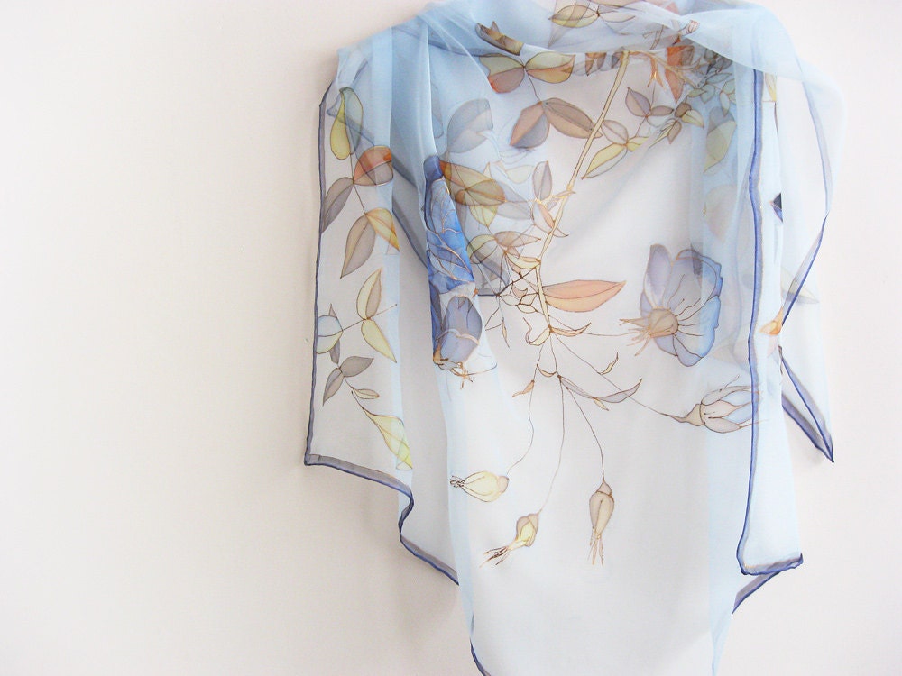 Sky blue Silk scarf hand painted on chiffon Wedding scarf - made TO ORDER - DEsilk