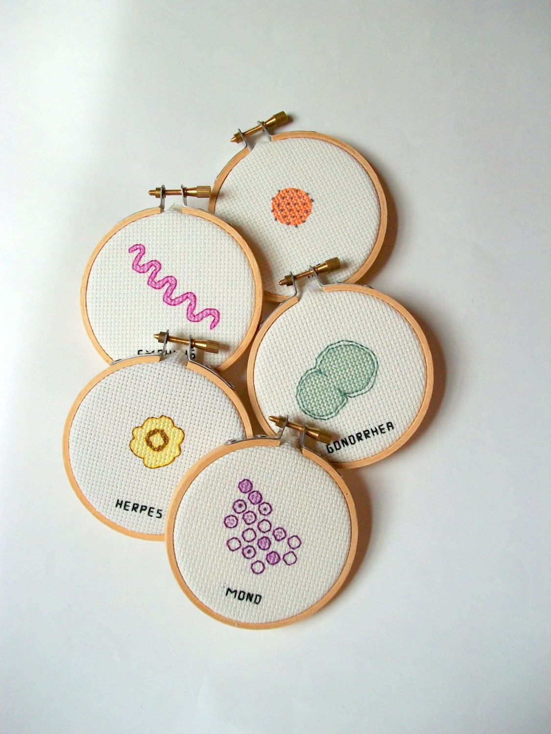 Instant Collection of STDs -- 5 STD Microbes cross stitch set for your wall, with syphilis, herpes, gonorrhea, HPV, Mono