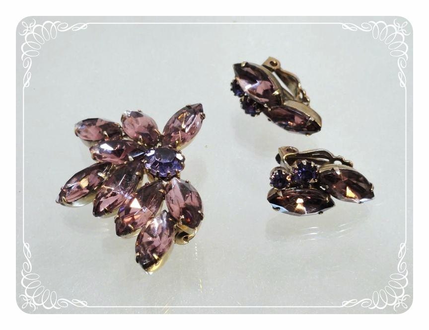 Amethyst Vintage Brooch & Earrings Set - Purple Rhinestones   -   1604a-121012000