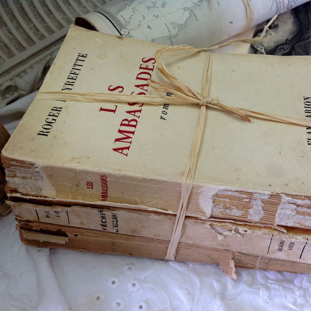 3 Old French Vintage Books Shabby Chic Style