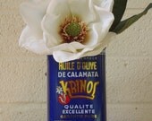Cobalt Blue GREEK Olive OIL TIN- Vintage Storage Flower Container