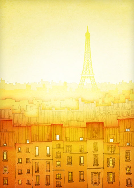 Paris illustration - Morning hope (vertical version) - Fine art prints, Art Posters, Paris art, Paris decor,Eiffel tower,Wall art,Yellow