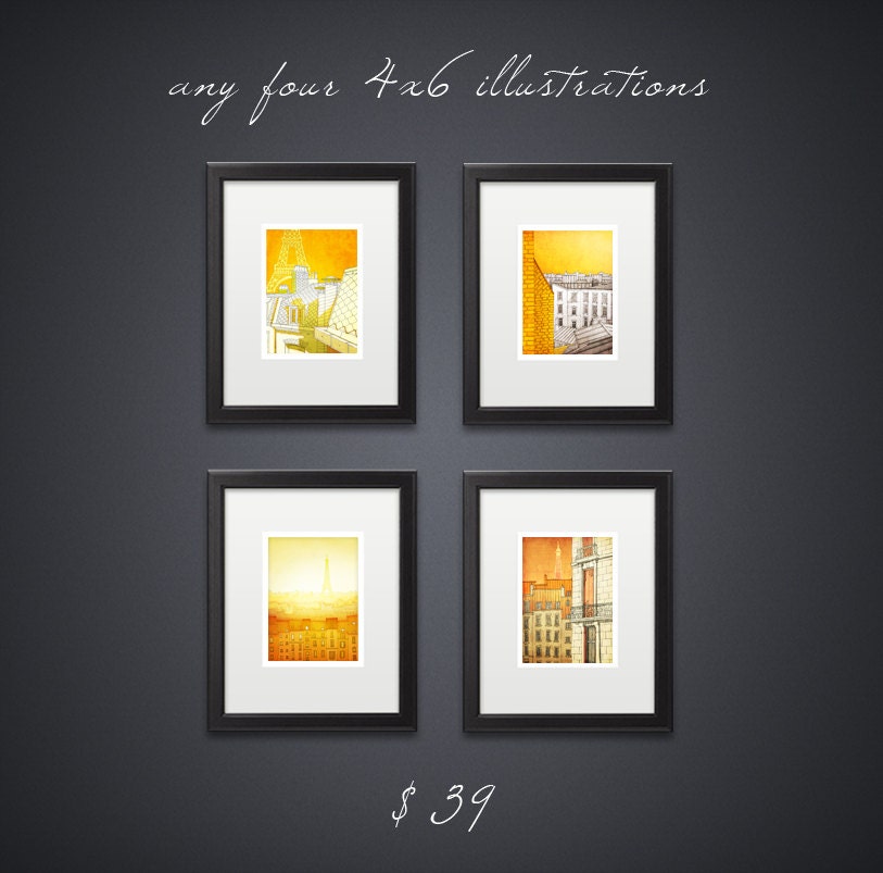 SET of any FOUR 4x6" illustrations - Fine art illustration prints - art prints,Yellow,Art Posters,Paris art,Paris decor,Wall art,wall decor