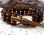 African Roar Tiger Eye Abacus Handmade Beaded Leather Single Wrap Cuff  Style Bracelet