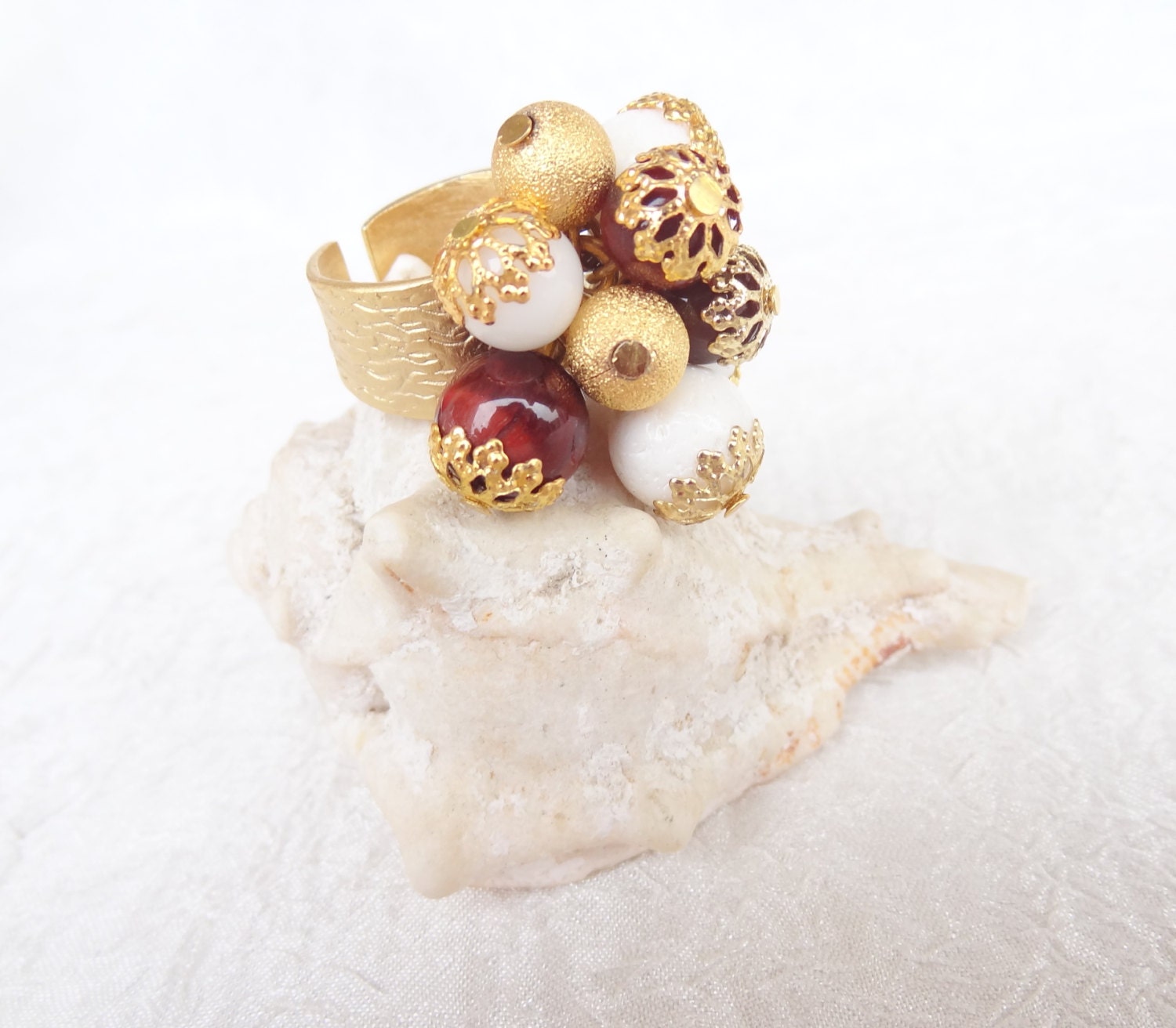 White&Brown Agate Stone Ring,  Gold Plated Ring, Valentines