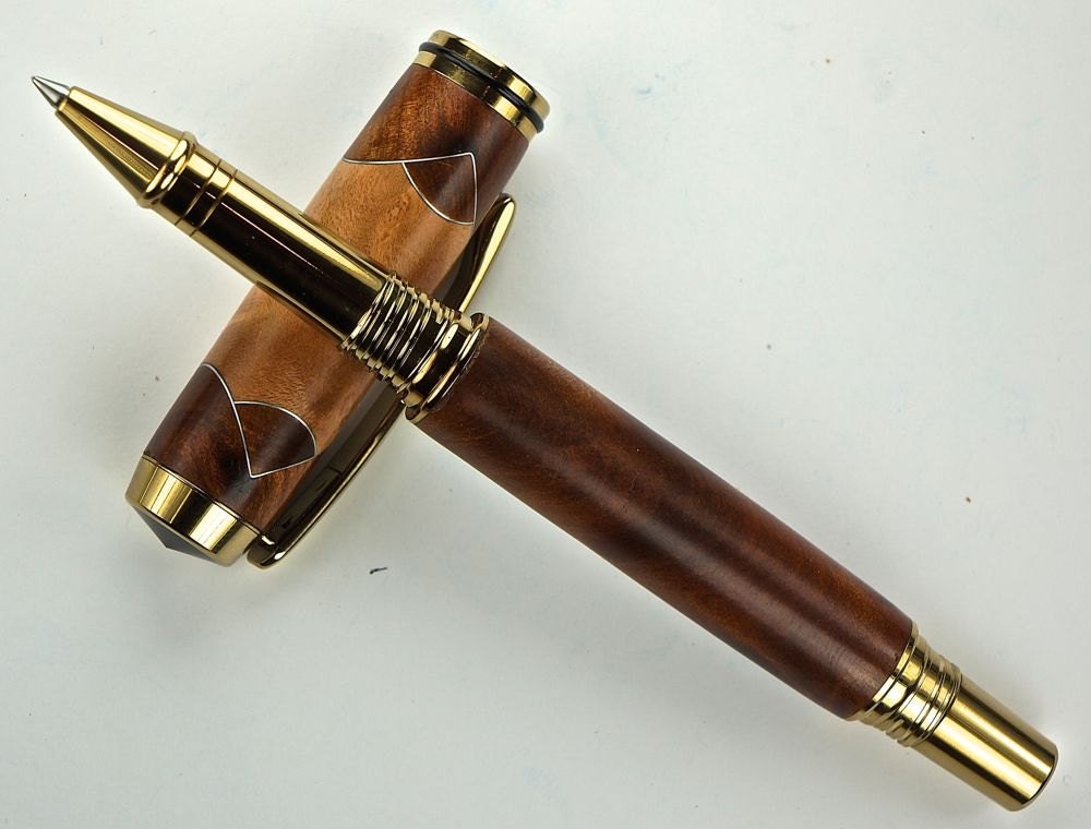 Handcrafted Wooden Pen Hand Turned Scalloped Thuya Burl and Madrone Burl with Aluminum accents and Gold Titanium Hardware 414P