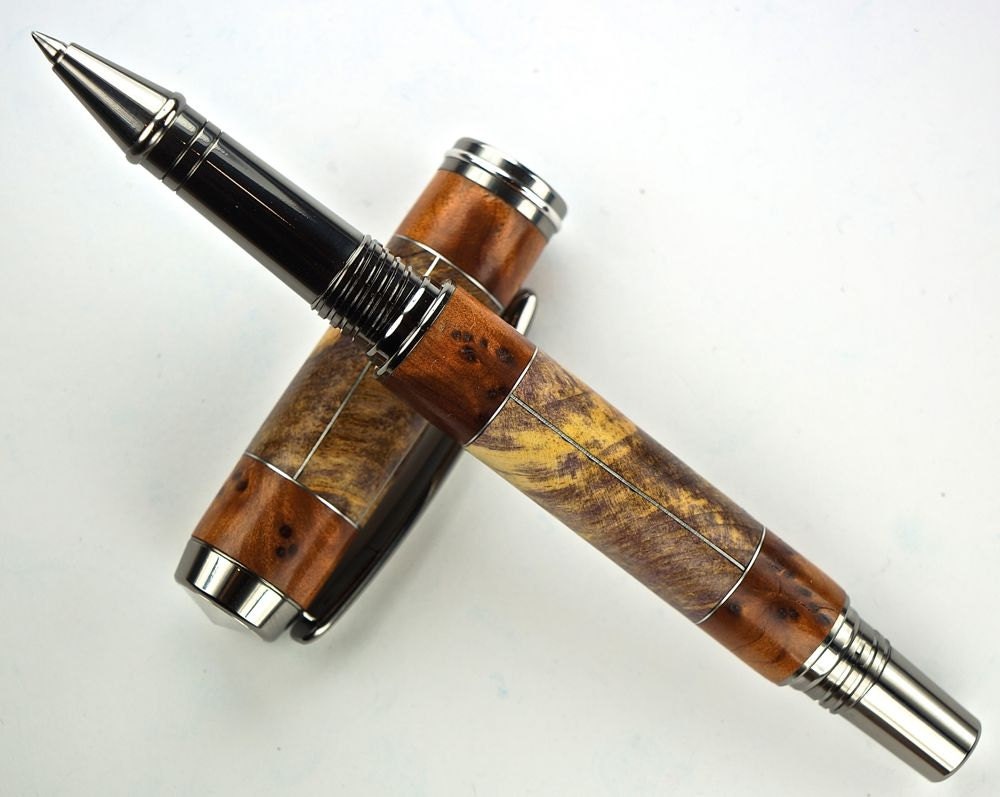 Wooden Pen Hand Turned Rollerball Pen Stabilized and Dyed Purple Maple Burl and Thuya Burl and Aluminum Accents Black Titanium Hardware 434P
