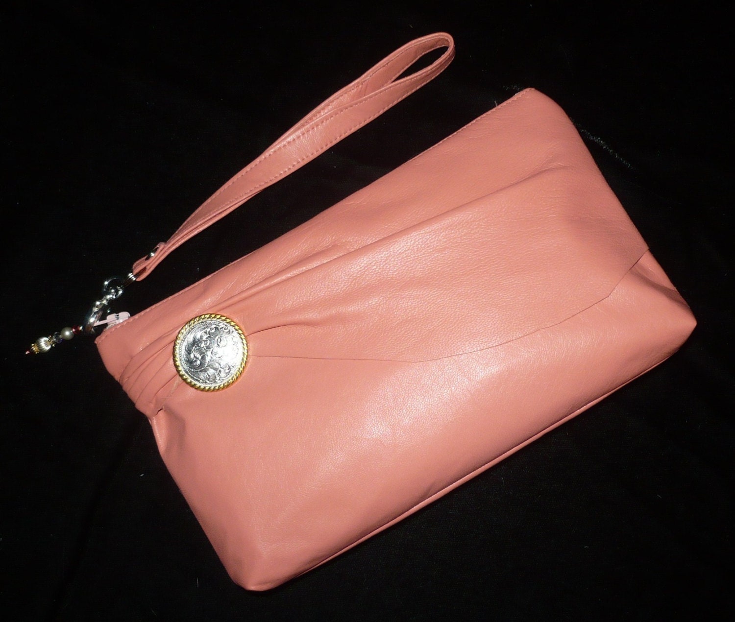 Peach Leather Wristlet Clutch Bag Purse/Wallet handmade