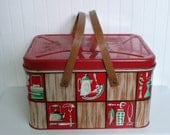 Vintage Decoware Tin Metal Picnic Basket, Simulated Wood with Red and Green Picnic Motifs, Wooden Handles