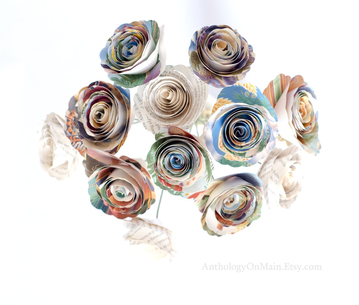 Alice in Wonderland - Nursery Decor or Wedding Bouquet made from Illustrated Children's Book - Colorful Classic Book Page Paper Flowers