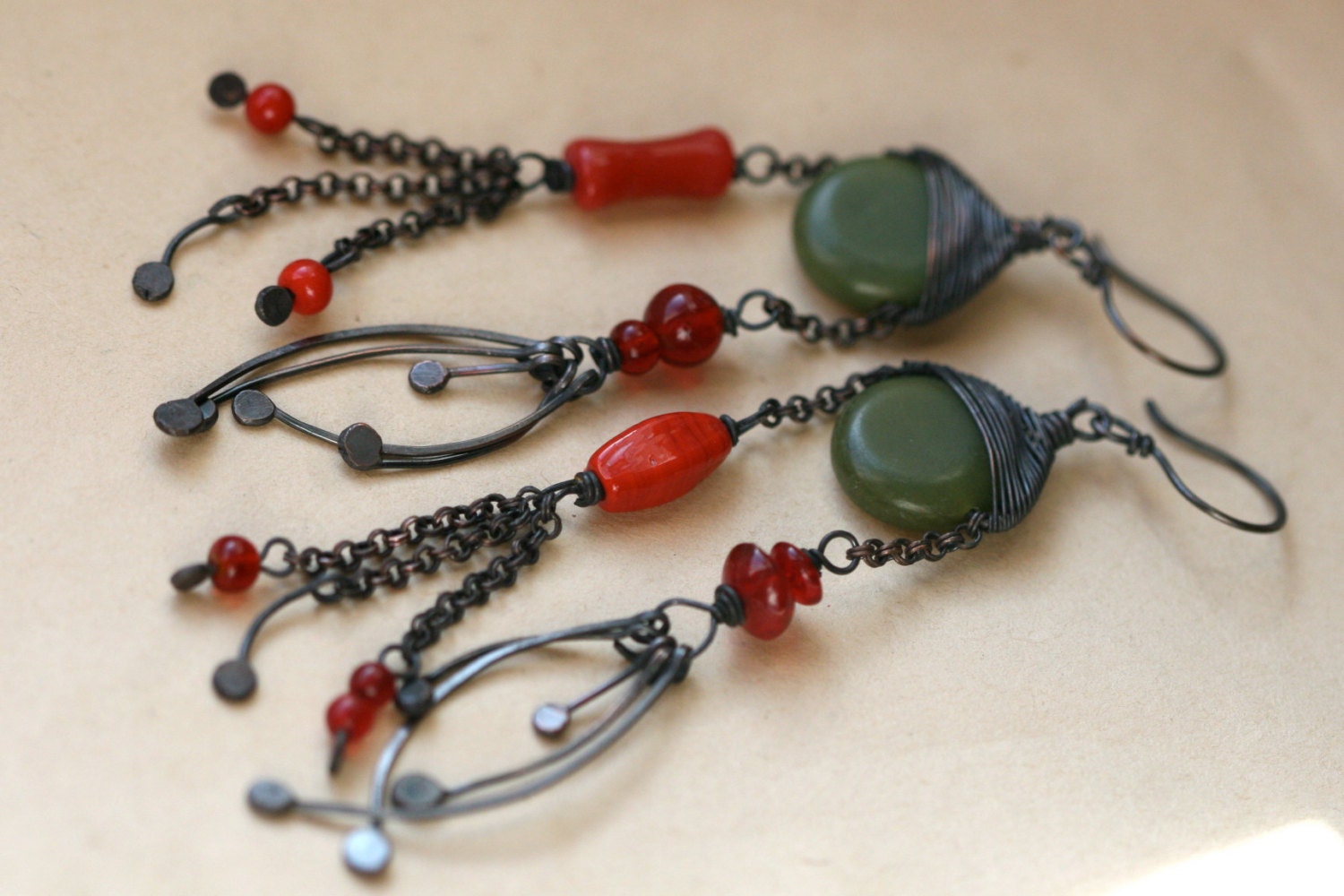 Campesina (Peasant) earrings-Metalwork, Green and Red, Solid Copper, Fine Tribal, Bohemian, Mixed Beads,Festive, Assemblage,Unusual