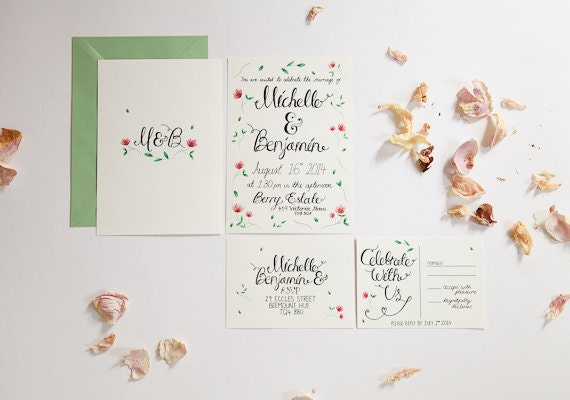 Hand Drawn Wedding Stationery set - Unique Floral & watercolour painted - Save the Date, Invitation, RSVP, Map