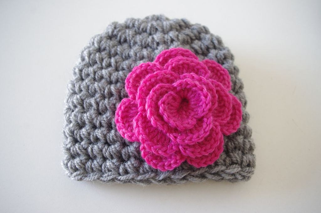 Baby   Beanie gray and hat pink  flower    Hat