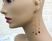 Red crystal earrings Gypsy boho chandelier earrings Gold filigree chain shoulder duster dangle earrings Gold hoop Beaded jewelry