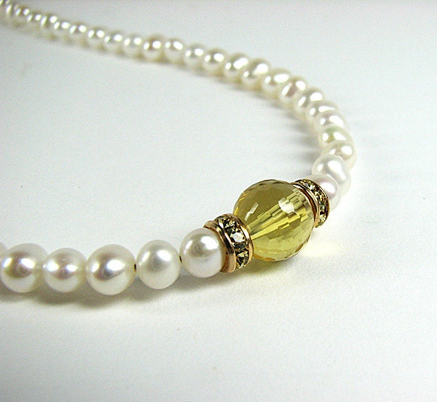 White pearl necklace Sunny yellow citrine gemstone beaded necklace Single strand Delicate feminine beaded jewelry Bridal jewelry