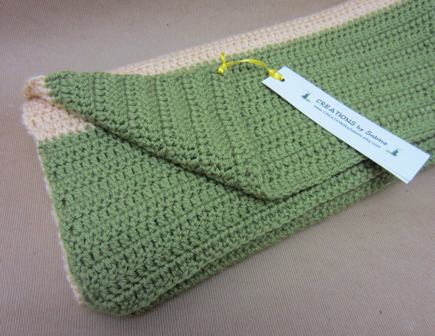 Handmade Crochet Afghan Lap Blanket Throw, 34x38", Stripes, Forest Pea Green Beige Tan READY TO SHIP