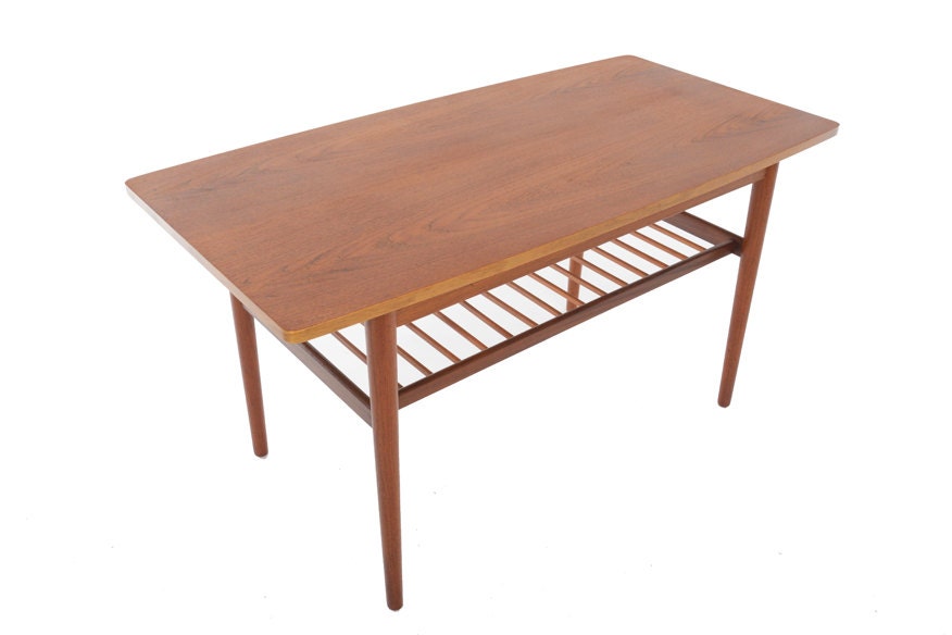 Danish Modern Mid Century Coffee Table  in Teak with Birch Banding and Lower Rack
