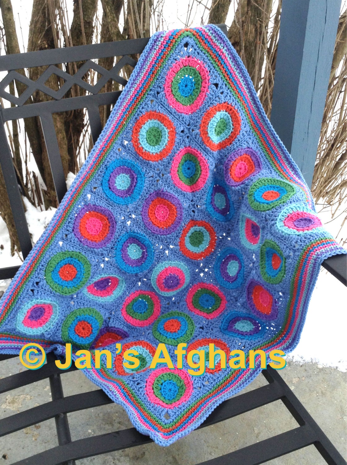 Crocheted afghan polka dot granny squares baby afghan baby blanket 30"x36" with blue border READY to SHIP