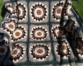 Crocheted afghan granny square afghan "Sprocket Granny" earth tones with spruce green border--READY to SHIP