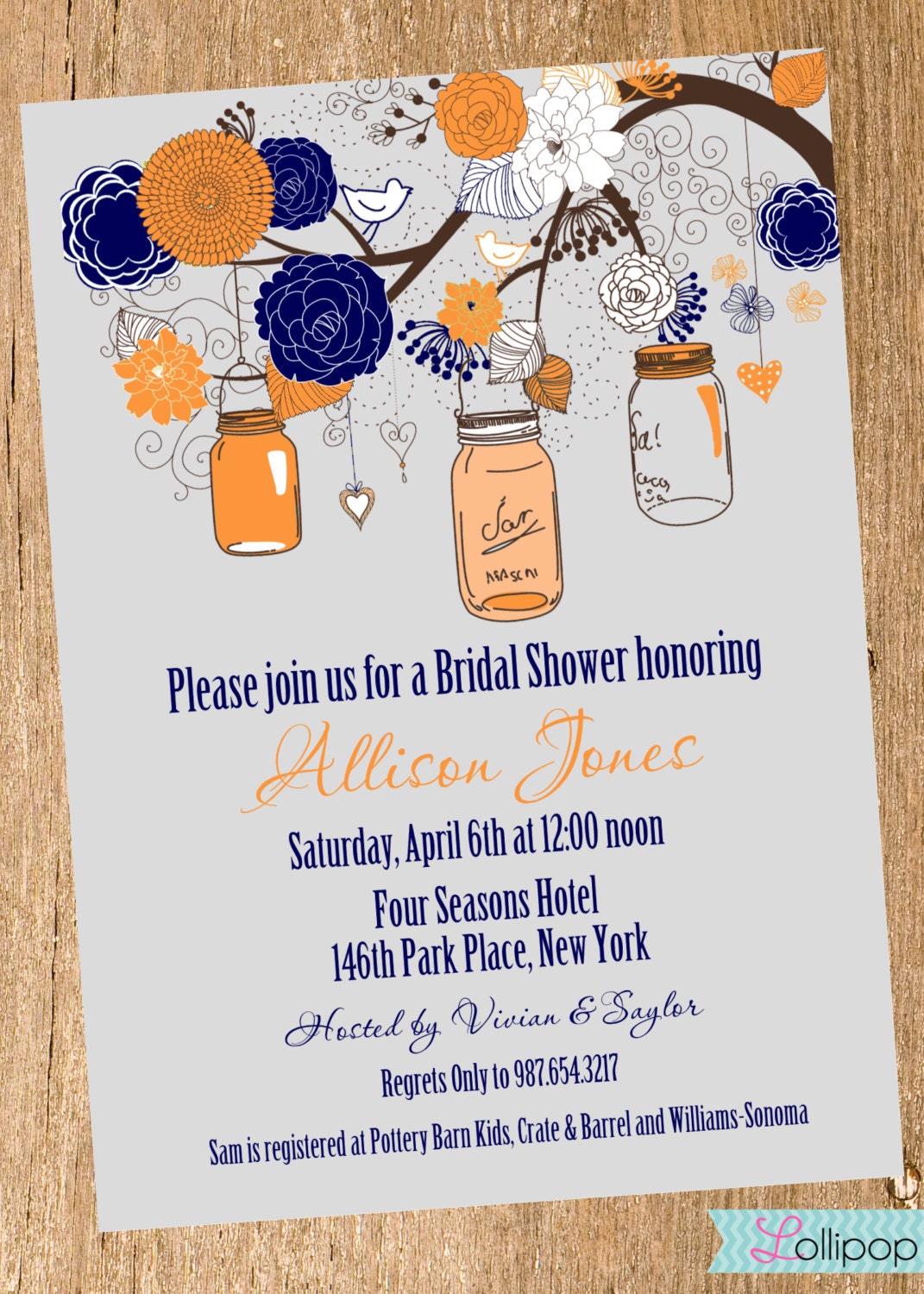 Vintage Mason Jar Bridal Shower Printable Party Invitation, Personalized Navy Blue and Orange Bridal Shower Invite