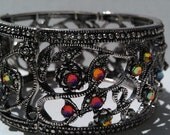 Stretchy silver vintage purple iridescent swarvoski crystal cuff