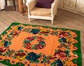 Gypsy Rhapsody in Green , Handwoven Kilim, Woolen Kilim, Area Rug, Ethnic Rug, Green Kilim