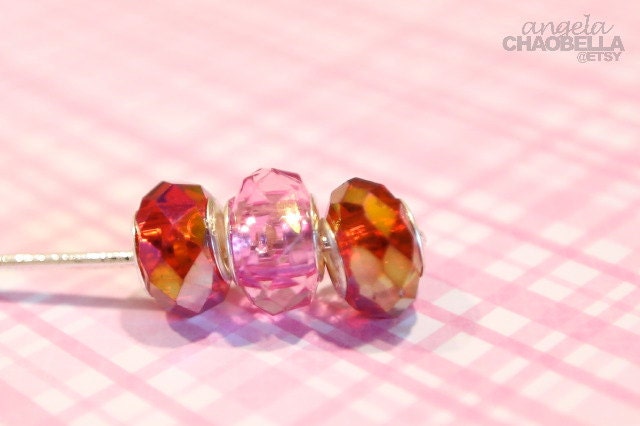 Ruby red and pink charm made to fit European bracelet - 3 charms