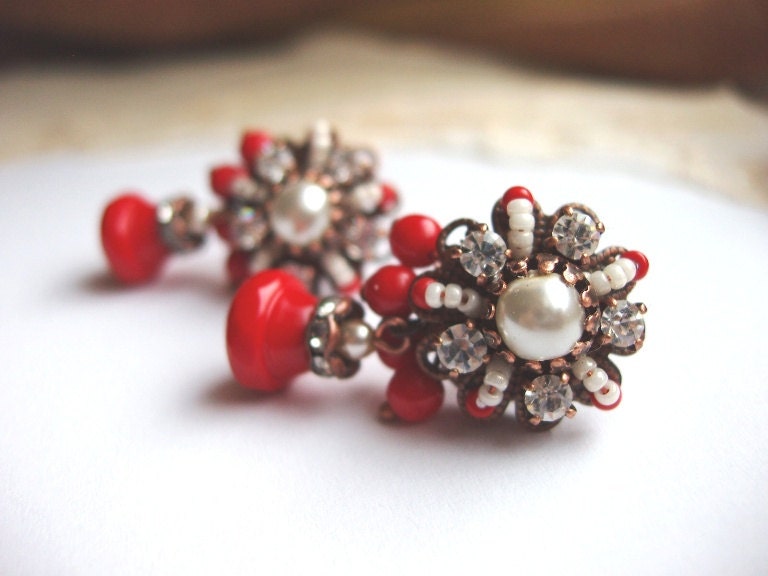 Valentine Bright Red Earrings with Imitation Pearls and Swarovski Rhinestones Antique Copper Post Vintage Stud Mad Men Style Contemporary - mdmButiik Valentine Bright Red Earrings with Imitation Pearls and Swarovski Rhinestones Antique Copper Post Vintage Stud Mad Men Style Contemporary - mdmButiik