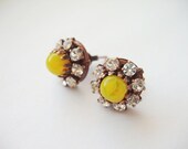 Yellow Studs with Swarovski Rhinestones Post Earrings Small Bridal Bridesmaid Jewelry Gift Antique Copper Made to Order