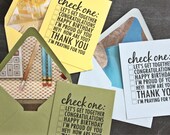 set of 3 choose your own greeting note cards, with recycled magazine lined envelope, birthday, thinking of you, thank you, congratulations