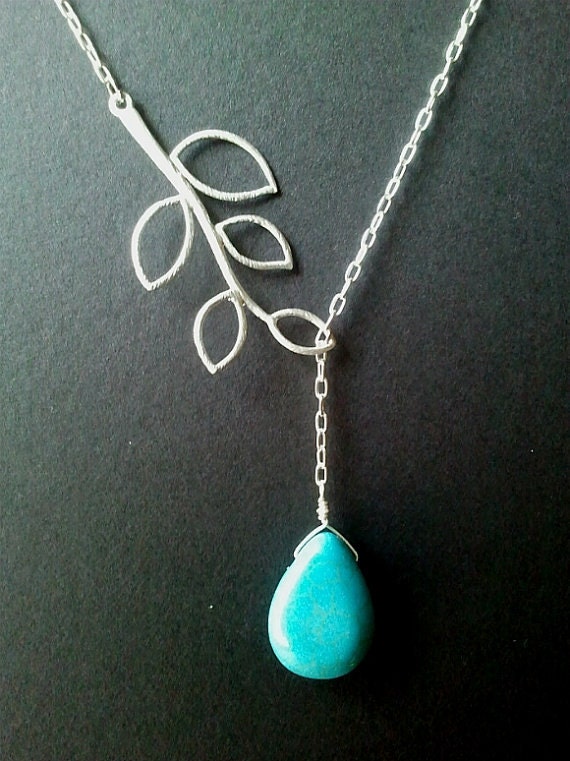 SALE - Leaves with turquoise Lariat Necklace - bridesmaid gifts,jemstone,Wedding jewelry, mother's day gift